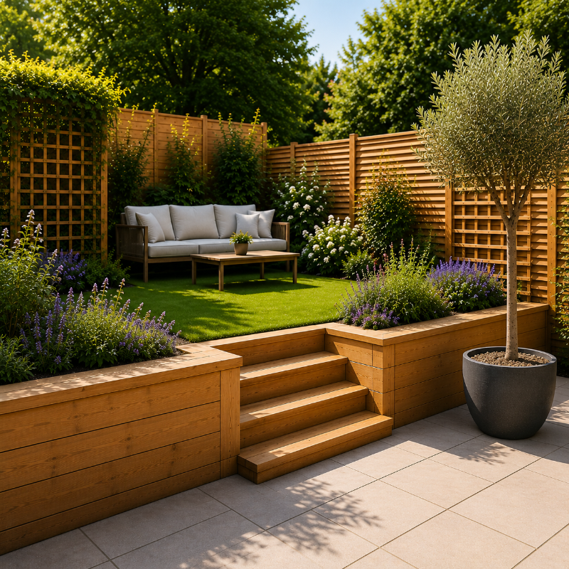 Modern landscaped garden with patio, raised timber planters, lawn and outdoor seating area